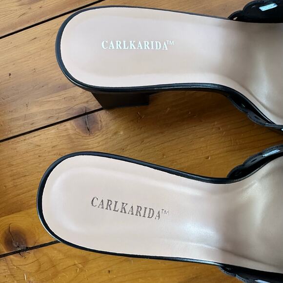 New in box Open Square Toe Black Mules Chunky Block Heel Size 9.5 Ribbon Floral - Picture 5 of 11